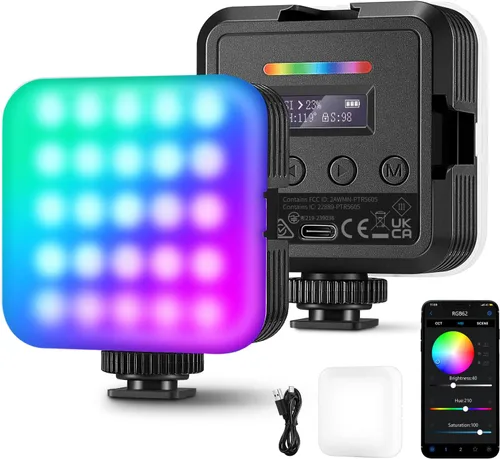 NEEWER RGB62 Luz de video RGB magnética con control de APP mejorado, luz de cámara LED de color completo a 360° con 3 Cold Shoes CRI97+ 2500K-8500K