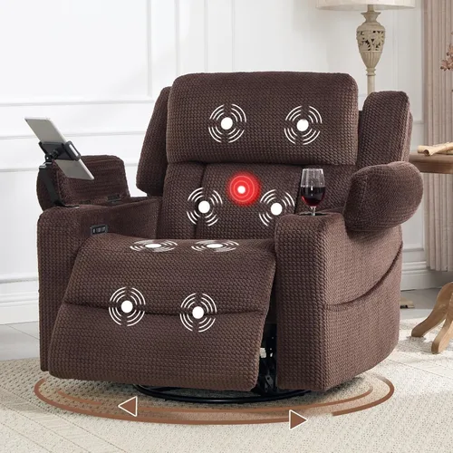 Dual Motor Large Power Recliner Chair with Massage and Heat 270 Swivel Rocker Recliners with Adjustable Headrest Phone Holder for Living Room