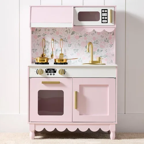 Miniatura 14 de Best Choice Products - Juguetes de madera para niños, cocina de simulación con almacenamiento, borde festoneado, 5 accesorios, microondas, horno