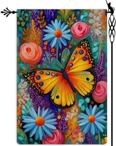 Bandera de jardín de mariposa para primavera y verano, floral, bandera de jardín, vertical, de doble cara, rústica, arpillera, patio, césped,