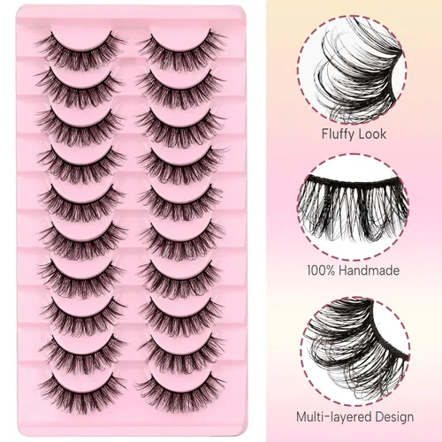 Miniatura 6 de Ahrikiss Pestañas de tira rusa que parecen extensiones de rizo D, pestañas postizas esponjosas, 10 pares de pestañas postizas naturales y finas