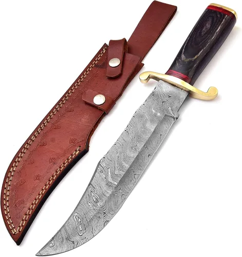 Cuchillo de Damasco hecho a mano de 15 pulgadas con funda de cuero, hoja fija, cuchillo EDC - Cuchillos Bowie - Mango de madera negra - Los mejores
