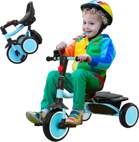 Triciclo para niños pequeños, triciclo para niños con campana, triciclo plegable para niños de 18 meses a 5 años, triciclo de bebé con asiento Azul