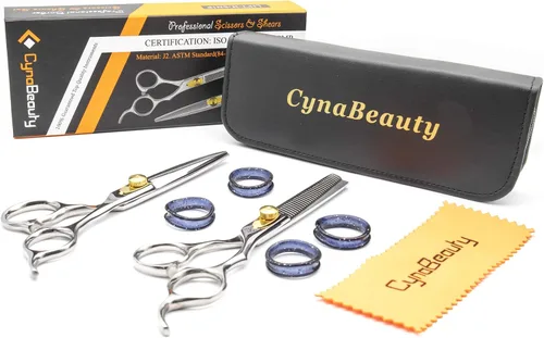 Cynamed Tijeras de corte de peluquería profesional con estuche de cuero y peluquería, adelgazamiento, filo de afeitar de acero inoxidable japonés DIY
