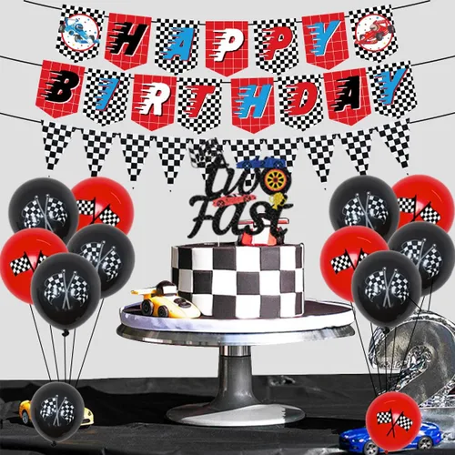 Miniatura 3 de Sursurprise Suministros para fiesta de 2º cumpleaños de coche de carreras, dos globos rápidos, decoración de pastel, pancarta de feliz cumpleaños