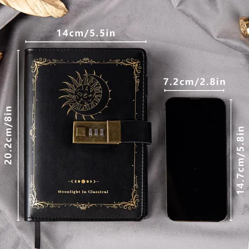 Miniatura 2 de TIEFOSSI Diario de cuero de constelación con cerradura, diario de luna y sol del zodiaco para escribir, cuaderno B6 con papel rayado para mujeres