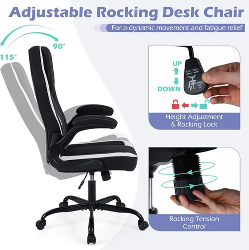 Miniatura 6 de Giantex Silla de oficina ergonómica, silla de escritorio de tela de lino con reposabrazos abatibles de 90°, altura ajustable, función mecedora