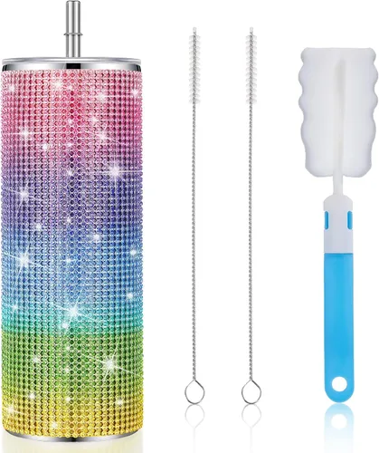 Miniatura 16 de Tessco Vasos Tumbler con Pedrería Brillante con Pajita Botella de Agua con Purpurina Tumbler de Pajita de Acero Inoxidable Vaso Aislado con Pedrería