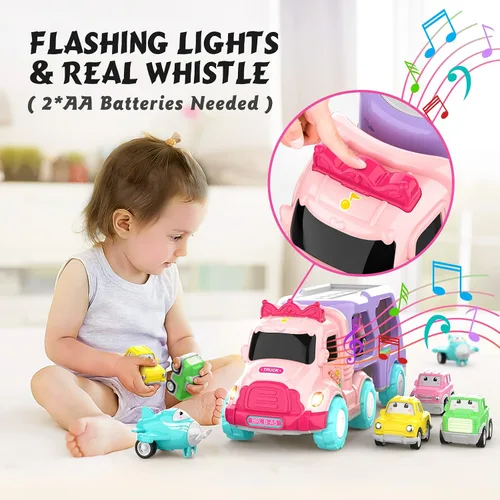 Miniatura 7 de LASCOTON - Juguetes para niñas de 1, 2 y 3 años, camión transportador 5 en 1 para niñas pequeñas, autos de juguete alimentados por fricción
