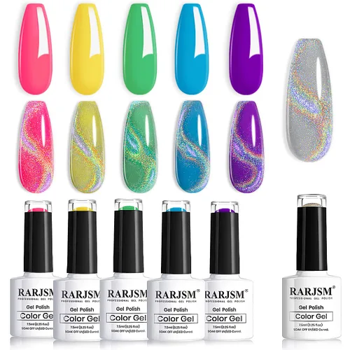 Miniatura 11 de RARJSM Juego de esmaltes de gel holográfico, color verde turquesa, kit de esmalte de uñas de gel con purpurina, colección de verano, 6