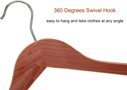 Miniatura 5 de Perchas de madera de cedro rojo americano, perchas de madera para vestidos, muescas de corte suave, gancho flexible de 360°, barra antideslizante