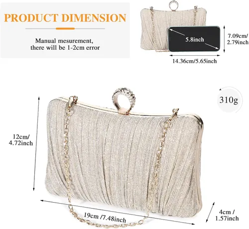 Miniatura 3 de UBORSE Elegante bolso de embrague plisado con purpurina para mujer, formal, para novia, boda, graduación, cóctel, fiesta, bolso