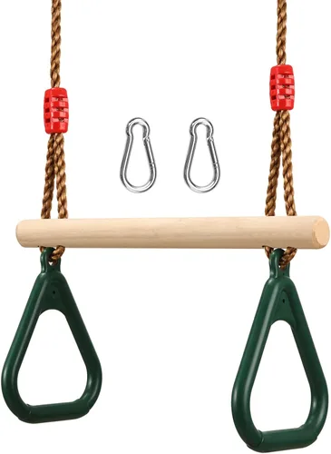 Miniatura 12 de PELLOR - Barra de trapecio de madera para juegos infantiles con anillos de gimnasio de plástico, juego de columpio para diversión en interiores