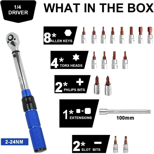 Miniatura 3 de Juego de llaves dinamométricas para bicicleta, llave dinamométrica de 1/4 de pulgada de 2 a 24 Nm, kit de herramientas para bicicleta