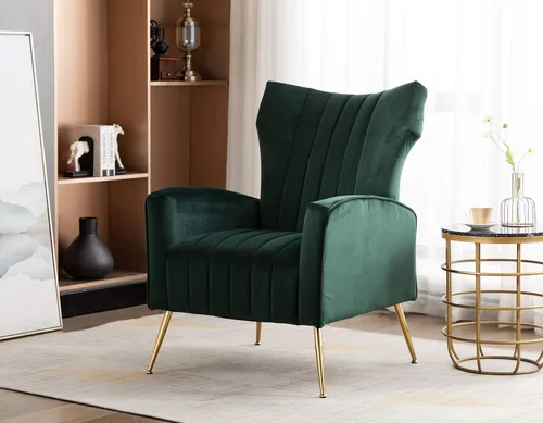 Miniatura 3 de Silla decorativa curvada copetuda con patas de metal doradas de terciopelo tapizado con brazo tapizado para club, ocio, silla moderna para sala