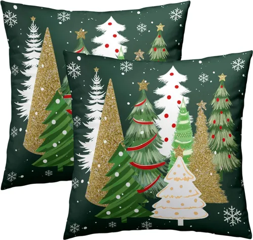 Miniatura 24 de Fundas de Almohada de Bosque de Pinos 22x22 Juego de 2, Fundas de Almohada Decorativas de Árboles de Abeto y Cedro Verde Nieve Beige de Invierno