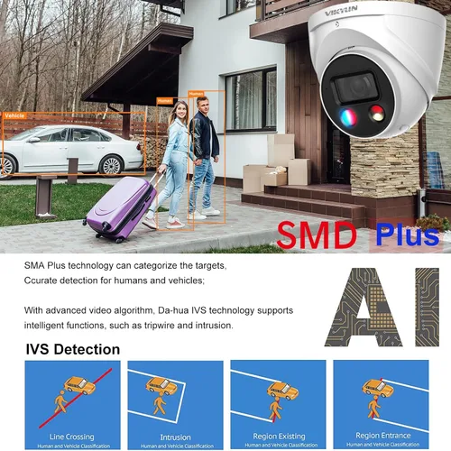 Miniatura 5 de VIKYLIN 4K 8MP POE IP AI Wizsense Cámara, DMSS/SmartPss Lite, disuasión activa con audio bidireccional, visión nocturna inteligente de doble luz