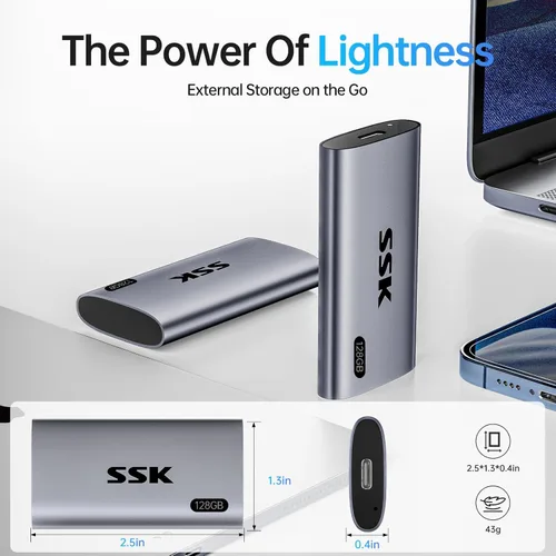 Miniatura 7 de SSK Disco duro externo SSD de 128 GB, SSD portátil de hasta 550 MB/s, unidades de estado sólido rápidas, unidad externa USB 3.2 Gen2 para iPhone