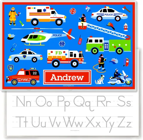 Heroes - Mantel individual personalizado para niños, bomberos, EMT, 18 x 12 pulgadas, laminado, por Art Appeel