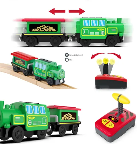 Miniatura 7 de Juego de tren de locomotora a pilas para pista de madera, vehículos magnéticos de control remoto eléctrico de juguete con potente luz de motor