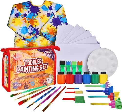 J MARK Juego de pintura para niños pequeños de 38 piezas, incluye pintura de témpera lavable, bata de arte, papel de pintura, pinceles, herramientas