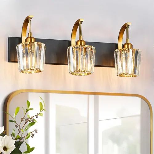 Miniatura 42 de Luces de tocador de cristal de 3 luces negras para tocador de baño, modernas lámparas de baño de cristal sobre espejo de 23.62 pulgadas de largo