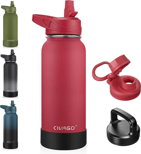 Miniatura 46 de CIVAGO Botella de agua aislada de 22 onzas con pajita, frasco de agua deportiva de acero inoxidable con 3 tapas