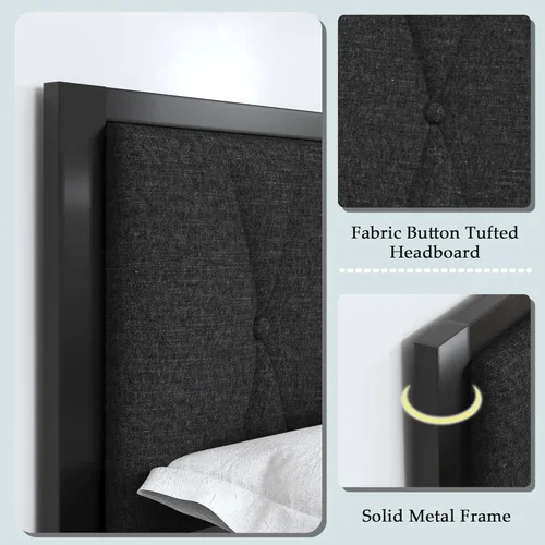 Miniatura 4 de Feonase Base de cama de metal de tamaño completo con cabecera capitoné con botones de tela, base de cama de plataforma con listones de metal
