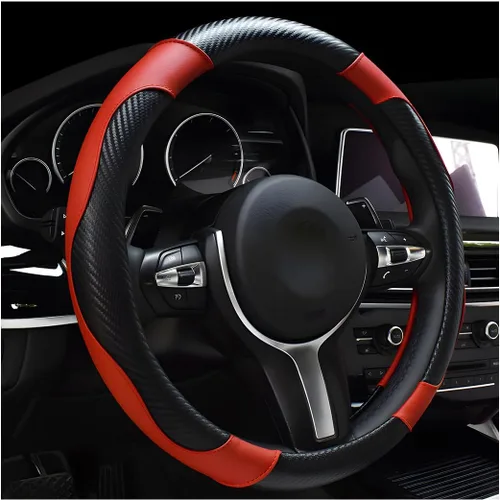 Miniatura 13 de DXNQ Funda para volante de automóvil, 15 pulgadas de fibra de carbono con costuras de piel, protector de volante de color, antideslizante, elástica