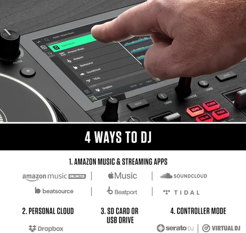 Miniatura 7 de Numark Controlador de DJ Mixstream Pro+ con Separación de Stems, 2 Decks, Transmisión Wi-Fi, Mezclador, Pantalla Táctil de 7", Altavoces, funciona