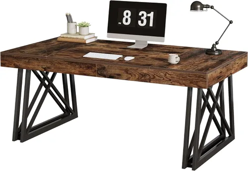 Miniatura 9 de Tribesigns Escritorio ejecutivo de 63 pulgadas, escritorio para computadora de oficina de granja con patas resistentes en forma de X, mesa