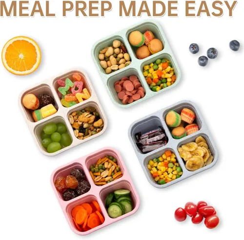 Miniatura 6 de Paquete de 4 Cajas de Almuerzo Bento, Contenedores de Aperitivos de 4 Compartimentos, Caja de Aperitivos Bento Dividida, Contenedores de Preparación