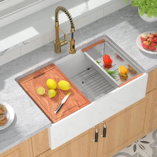 Miniatura 14 de Mocoloo Fregadero de cocina de granja blanco 33 – Fregadero plano de estilo rústico de 33 x 20 x 10 pulgadas, fregadero plano de estilo rústico