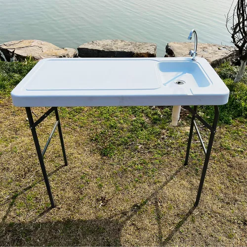 Miniatura 2 de Mesa plegable de grado comercial de 3.8 pies, mesa de limpieza con fregadero y grifo, plegable por la mitad moldeada por soplado, portátil