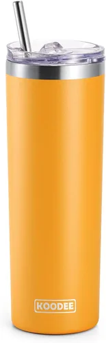Miniatura 9 de Koodee - Vaso delgado de acero inoxidable de 20 onzas (4 unidades) aislado con doble pared, vaso de agua con 4 tapas, 4 popotes y 2 cepillos
