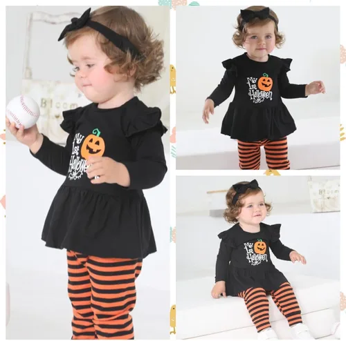 Miniatura 3 de Noubeau My 1st Halloween Baby Girl Outfits Ruffle Pumpkin Print Túnica Drees Camisa Pantalones Rayas Legging Otoño Invierno Ropa