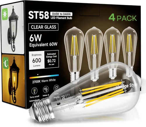 Miniatura 11 de Bombillas del amanecer al anochecer, 6 W equivalente a 60 W, blanco suave 2700 K, base E26, detección de luz, estilo vintage ST58, 600 lm, bombillas