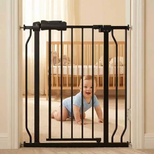 Miniatura 21 de Puerta extra ancha para bebé, puertas de seguridad extra altas para interiores, metal negro, gran montaje a presión, puerta para mascotas, puerta