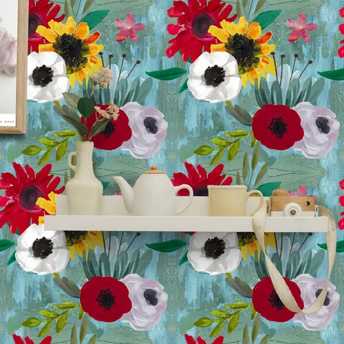 Miniatura 3 de CRE8TIVE Papel tapiz floral floreciente de 24 x 118 pulgadas, papel tapiz azul para despegar y pegar, papel de contacto con flores rojas, blancas