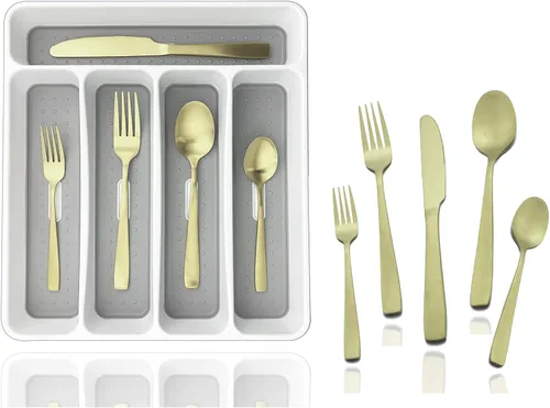 Miniatura 18 de JASHII - Juego de cubiertos con bandeja, 20 piezas de acero inoxidable cuadrado cubiertos servicio para 4, acabado mate, utensilios de alimentación