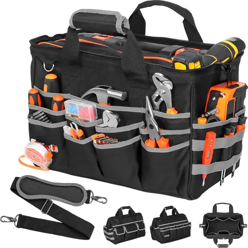 Bolsa de herramientas resistente, bolsas de herramientas de 17 pulgadas para hombres con múltiples bolsillos, bolsa organizadora de herramientas