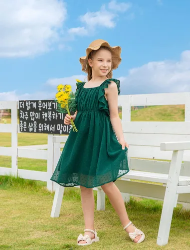 Miniatura 3 de EISHOPEER Vestidos para niñas de 5 a 13 años con mangas con volantes y lunares suizos, estilo casual, acampanado, vestido de fiesta estilo patinadora