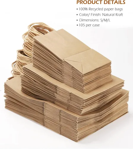 Miniatura 7 de Kslong Paquete de 105 bolsas de regalo de estraza marrón con asas, bolsas de compras de papel kraft liso natural a granel para negocios minoristas