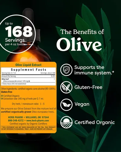 Miniatura 2 de Herb Pharm Gotas de extracto líquido de hoja de olivo orgánico certificado para apoyo al sistema inmunológico, 4 onzas