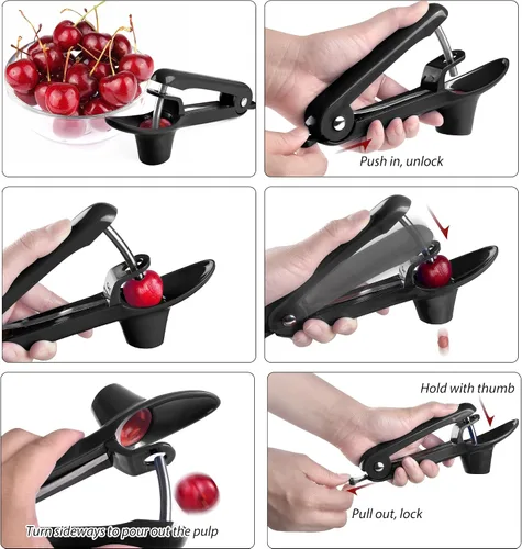 Miniatura 2 de Cherry Pitter, Brighoot - Herramienta de acero inoxidable para descorazonador de cerezas con diseño de cerradura para hacer mermelada de cereza