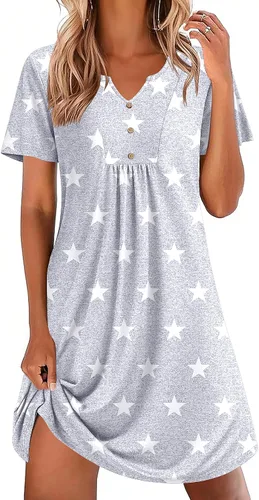 Miniatura 9 de Ekouaer Camisones para mujer de algodón Vestidos de noche Plisados Camisones Henley Cuello en V Camisas de dormir de manga corta Ropa de dormir