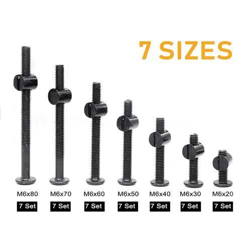 Miniatura 3 de Kit de tornillos de cuna M6, perno de conector plano negro para muebles con tuercas de barril para marcos de cama, 0.787 in - 3.150 in (5 tamaños)