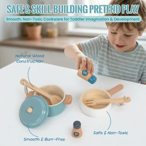 Miniatura 6 de Juguetes de cocina prémium para niños pequeños, utensilios de cocina de madera, accesorios para juego de cocina de simulación, juguete