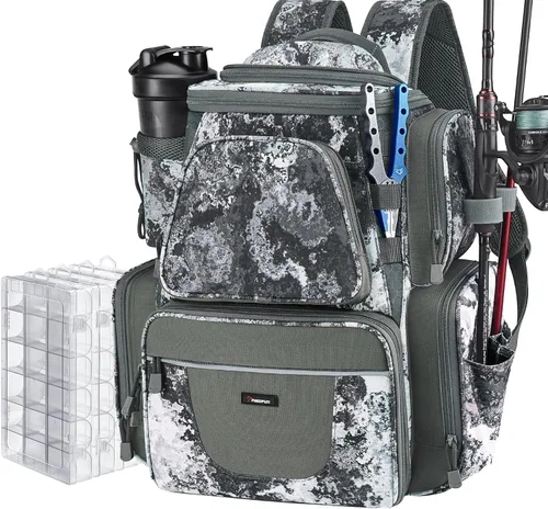 Miniatura 10 de Piscifun Mochila de pesca con 2 soportes para caña y 4 cajas de aparejos, bolsa grande de almacenamiento de aparejos con cubierta de lluvia