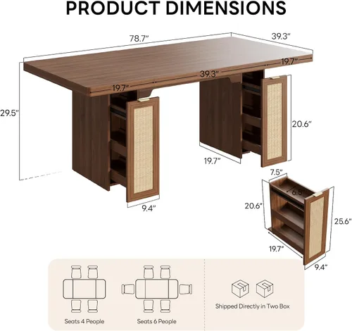 Miniatura 2 de LIKIMIO Mesa de comedor de granja de 78.7 pulgadas para 6-8 personas, parte superior de madera extra gruesa con 2 cajones de almacenamiento Marrón
